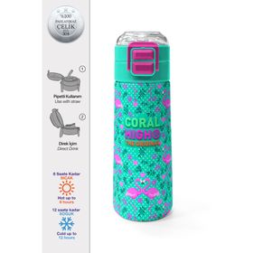 Coral High 500 ml 31926 Kids Su Yeşili Pembe Flamingo Desenli Pipetli Çelik Termos