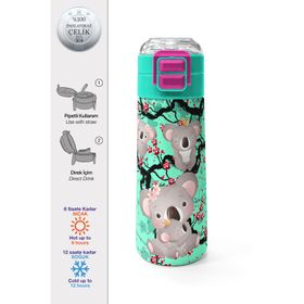 Coral High 500 ml 31927 Kids Su Yeşili Koala Desenli Pipetli Çelik Termos