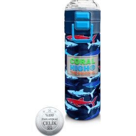 Coral High 500 ml 31930 Kids Lacivert Kırmızı Köpek Balığı Desenli Pipetli Çelik Termos