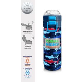 Coral High 500 ml 31930 Kids Lacivert Kırmızı Köpek Balığı Desenli Pipetli Çelik Termos