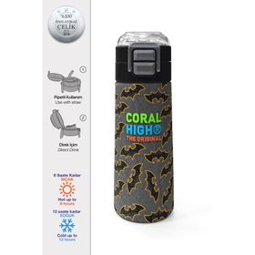 Coral High 500 ml 31932 Kids Gri Hardal Yarasa Desenli Pipetli ve Direkt İçim Çelik Termos