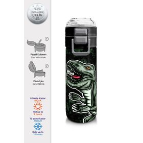 Coral High 500 ml 31934 Kids Koyu Yeşil Siyah Dinozor Desenli Pipetli Çelik Termos