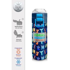 Coral High 500 ml 31935 Kids Lacivert Neon Sarı Desenli Pipetli Çelik Termos
