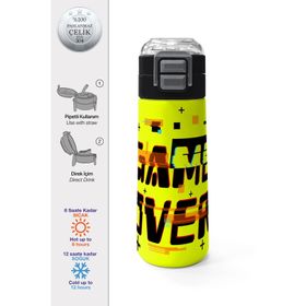 Coral High 500 ml 31936 Kids Siyah Neon Sarı Game Over Desenli Pipetli Çelik Termos