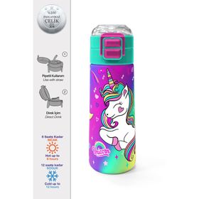 Coral High 500 ml 31937 Kids Lavanta Su Yeşili Unicorn Desenli Pipetli Çelik Termos