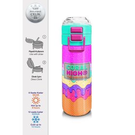 Coral High 500 ml 31938 Kids Pembe Rengarenk Dondurma Desenli Pipetli Çelik Termos