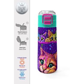 Coral High 500 ml 31939 Kids Mor Pembe Kedi Desenli Pipetli Çelik Termos