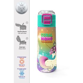 Coral High 500 ml 31940 Kids Pembe Su Yeşili Unicornlu Desenli Pipetli Çelik Termos