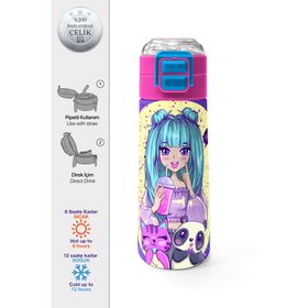 Coral High 500 ml 31942 Kids Mor Pembe Anime Kız Desenli Pipetli Çelik Termos