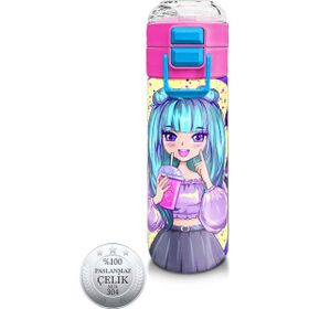 Coral High 500 ml 31942 Kids Mor Pembe Anime Kız Desenli Pipetli Çelik Termos