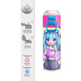 Coral High 500 ml 31942 Kids Mor Pembe Anime Kız Desenli Pipetli Çelik Termos