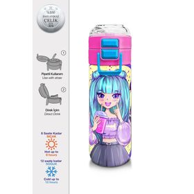Coral High 500 ml 31942 Kids Mor Pembe Anime Kız Desenli Pipetli Çelik Termos