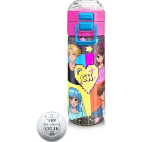 Coral High 500 ml 31943 Kids Gri Mavi Pembe Anime Desenli Pipetli ve Direkt İçim Çelik Termos