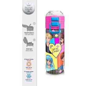 Coral High 500 ml 31943 Kids Gri Mavi Pembe Anime Desenli Pipetli ve Direkt İçim Çelik Termos