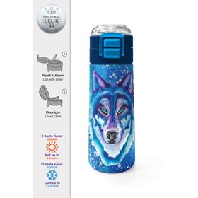 Coral High 500 ml 31945 Kids Lacivert Mavi Kurt Desenli Pipetli Çelik Termos