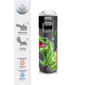 Coral High 500 ml 31946 Kids Siyah Gri Dinozor Desenli Pipetli Çelik Termos