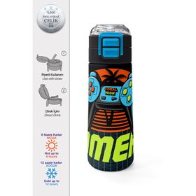 Coral High 500 ml 31947 Kids Gri Turuncu Gamer Desenli Pipetli Çelik Termos