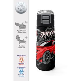 Coral High 500 ml 31948 Kids Siyah Kırmızı Anime Araba Desenli Pipetli Çelik Termos