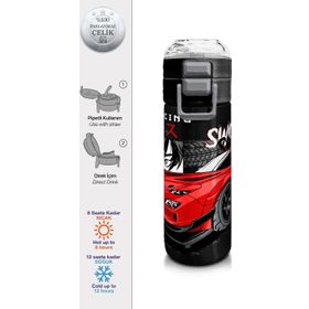 Coral High 500 ml 31948 Kids Siyah Kırmızı Anime Araba Desenli Pipetli Çelik Termos