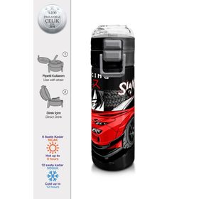 Coral High 500 ml 31948 Kids Siyah Kırmızı Anime Araba Desenli Pipetli Çelik Termos