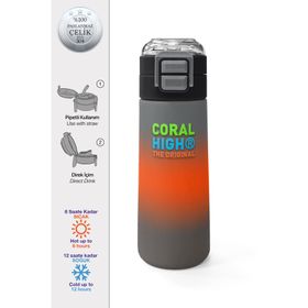 Coral High 500 ml 31949 Kids Gri Turuncu Renk Geçişli Pipetli Çelik Termos