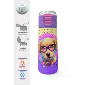 Coral High 500 ml 31953 Kids Sarı Pembe Sevimli Köpek Desenli Pipetli Çelik Termos