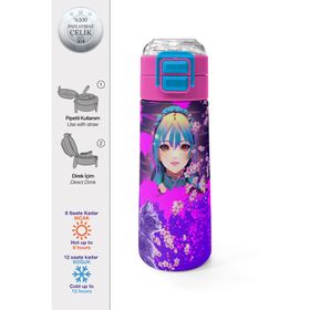 Coral High 500 ml 31954 Kids Mor Pembe Anime Kedi Desenli Pipetli Çelik Termos