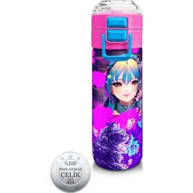 Coral High 500 ml 31954 Kids Mor Pembe Anime Kedi Desenli Pipetli Çelik Termos
