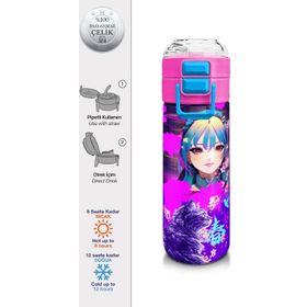 Coral High 500 ml 31954 Kids Mor Pembe Anime Kedi Desenli Pipetli Çelik Termos