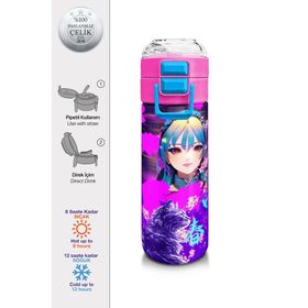 Coral High 500 ml 31954 Kids Mor Pembe Anime Kedi Desenli Pipetli Çelik Termos