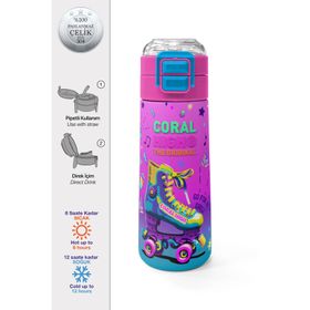 Coral High 500 ml 31955 Kids Pembe Turkuaz Kulaklık Paten Desenli Pipetli Çelik Termos