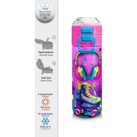 Coral High 500 ml 31955 Kids Pembe Turkuaz Kulaklık Paten Desenli Pipetli Çelik Termos