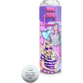 Coral High 500 ml 31956 Kids Pembe Mor Fashion Girl Desenli Pipetli Çelik Termos