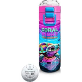 Coral High 500 ml 31957 Kids Pembe Mor Kaplumbağa Desenli Pipetli Çelik Termos