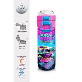 Coral High 500 ml 31957 Kids Pembe Mor Kaplumbağa Desenli Pipetli Çelik Termos