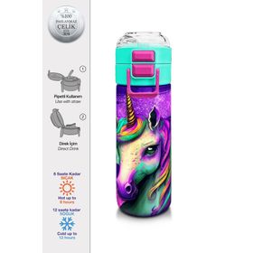 Coral High 500 ml 31959 Kids Pembe Su Yeşili Unicorn Desenli Pipetli Çelik Termos