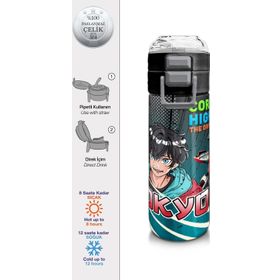 Coral High 500 ml 31965 Kids Gri Nefti Anime Motorsiklet Desenli Pipetli ve Direkt İçim Çelik Termos