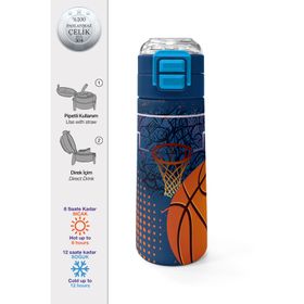 Coral High 500 ml 31967 Kids Turuncu Lacivert Basketbol Desenli Pipetli Çelik Termos