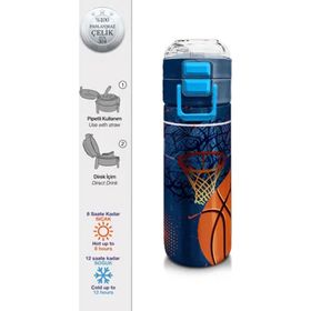 Coral High 500 ml 31967 Kids Turuncu Lacivert Basketbol Desenli Pipetli Çelik Termos