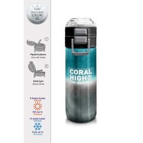 Coral High 500 ml 31969 Kids Nefti Gri Renk Geçişli Desenli Pipetli Çelik Termos