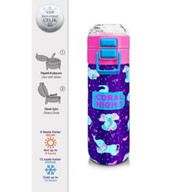 Coral High 500 ml 31970 Kids Mor Pembe Fil Desenli Pipetli Çelik Termos