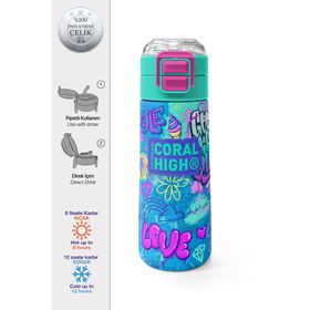 Coral High 500 ml 31971 Kids Lavanta Su Yeşili Grafiti Desenli Pipetli Çelik Termos