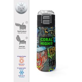 Coral High 500 ml 31972 Kids Siyah Mavi Grafiti Desenli Pipetli Çelik Termos