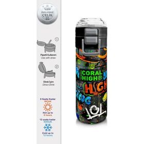 Coral High 500 ml 31972 Kids Siyah Mavi Grafiti Desenli Pipetli Çelik Termos