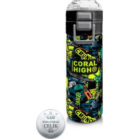 Coral High 500 ml 31974 Kids Nefti Siyah Tamir Seti Desenli Pipetli Çelik Termos