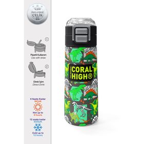 Coral High 500 ml 31976 Kids Gri Yeşil Dinozor Desenli Pipetli Çelik Termos
