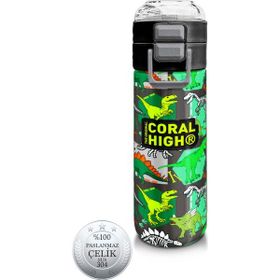 Coral High 500 ml 31976 Kids Gri Yeşil Dinozor Desenli Pipetli Çelik Termos