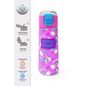 Coral High 500 ml 31978 Kids Mor Açık Pembe Unicorn Desenli Pipetli Çelik Termos