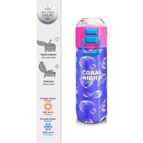 Coral High 500 ml 31981 Kids Lavanta Pembe Baloncuk Desenli Pipetli Çelik Termos