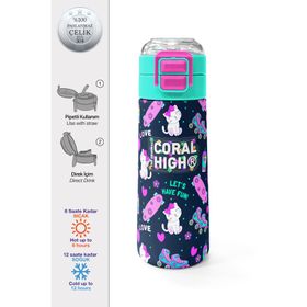 Coral High 500 ml 31983 Kids Lacivert Pembe Kedili Paten Desenli Pipetli Çelik Termos